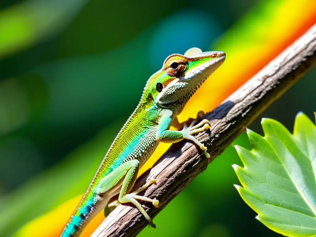 Un anolis verde se posa en una rama, observando insectos coloridos