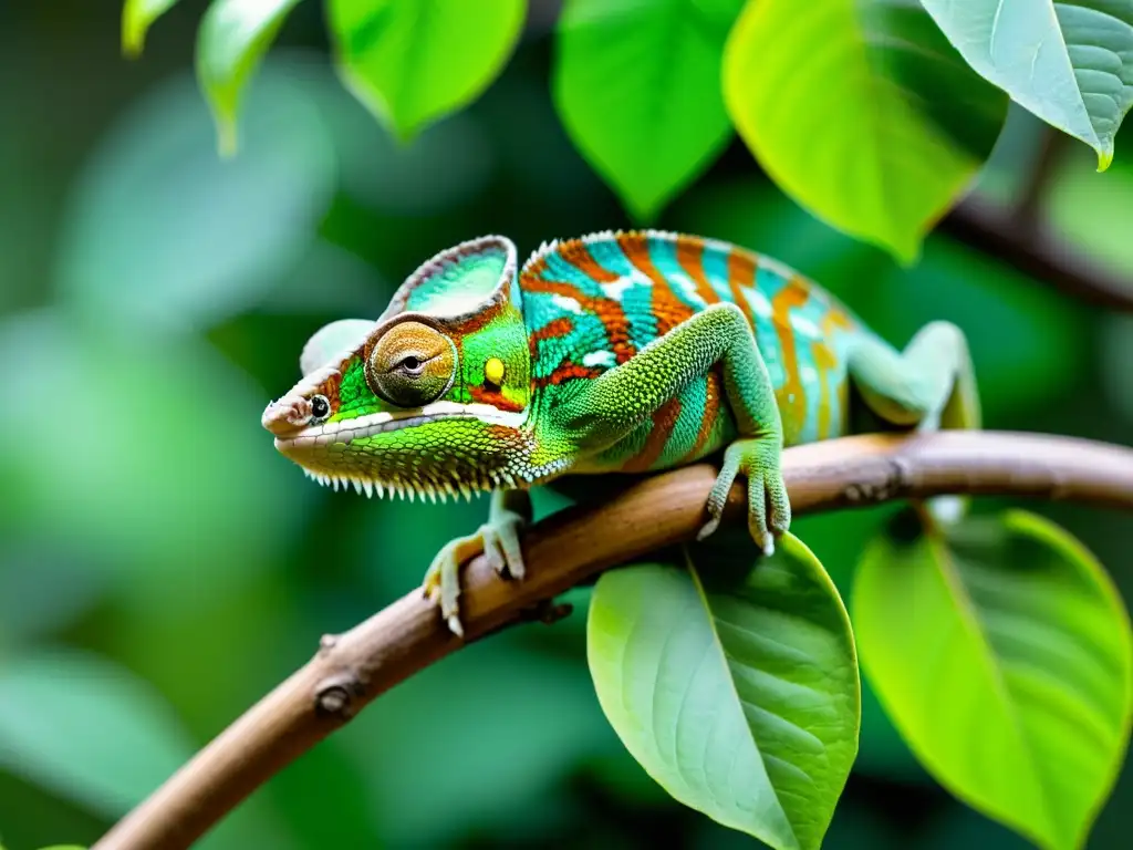 Un camaleón inmóvil en una rama, mostrando su textura y capacidad de cambio de color