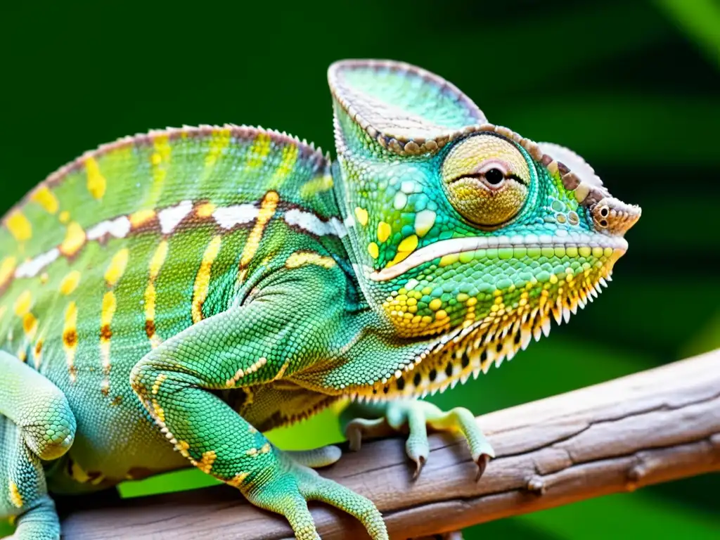 Un camaleón en una rama muestra sus vibrantes escalas verdes y amarillas con patrones intrincados, cambios de color en reptiles