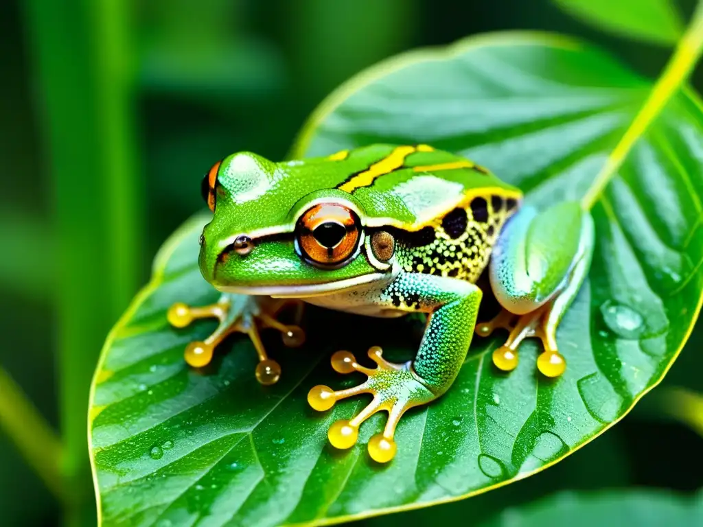 Rana de árbol verde en hoja húmeda de selva tropical