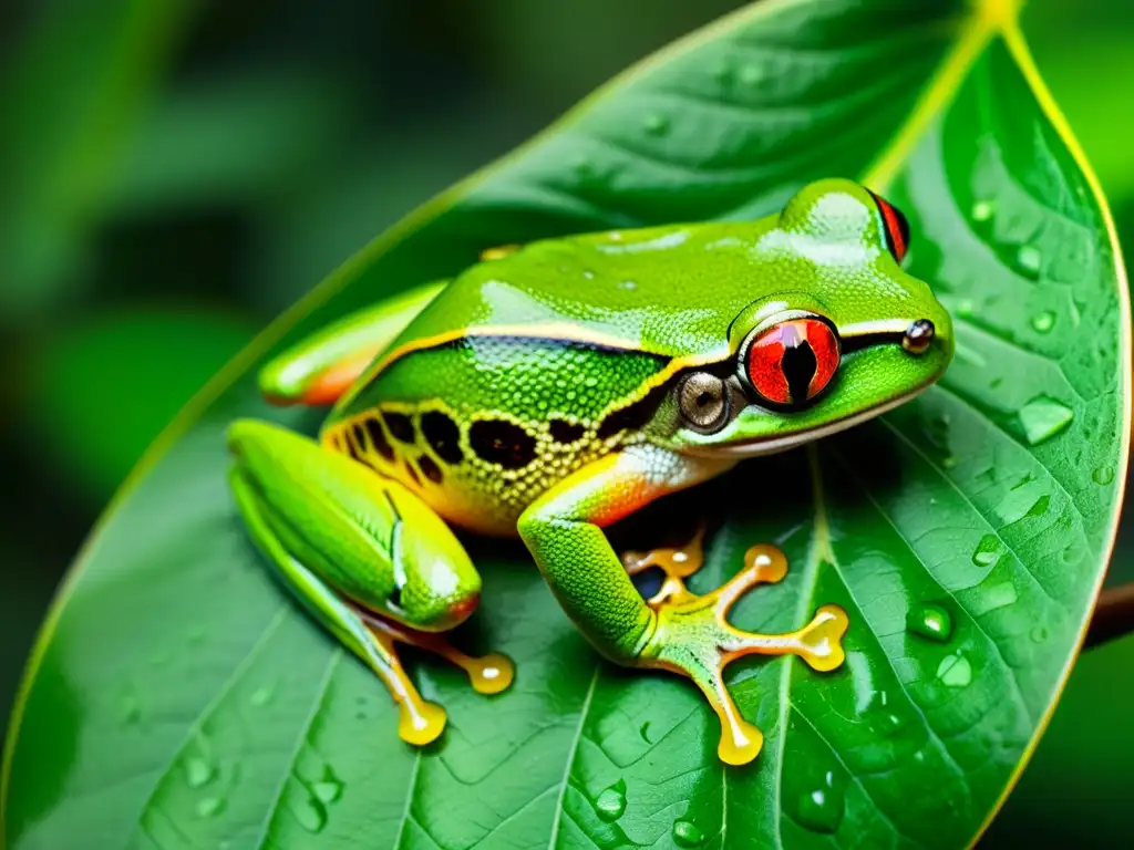 'Una rana de árbol verde vibrante descansa en una hoja en su hábitat natural en la selva, con detalles de su piel y ojos rojos brillantes