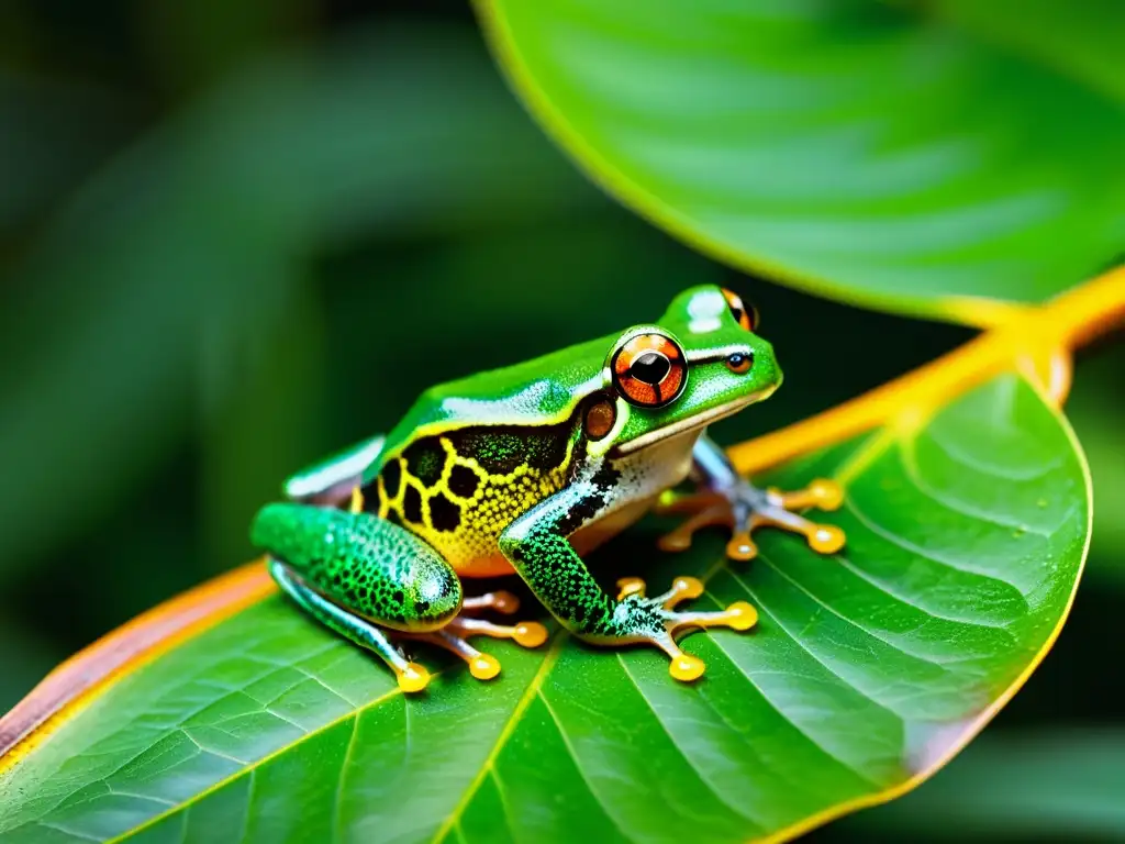 Una rana arborícola verde esmeralda descansa en una rama cubierta de musgo en la selva tropical, mostrando sus patas translúcidas y ojos dorados