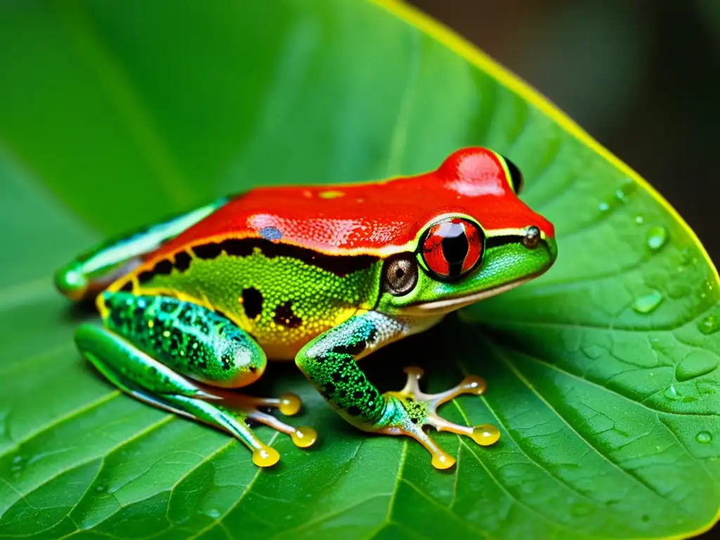 Una rana de colores en una hoja verde en la selva tropical