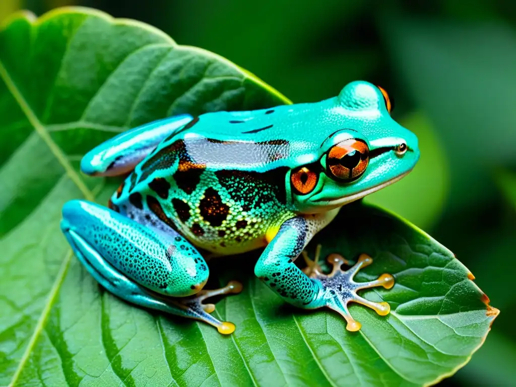 Una rana arbórea de colores vibrantes descansa sobre una hoja, sus patas y piel detalladas en alta definición