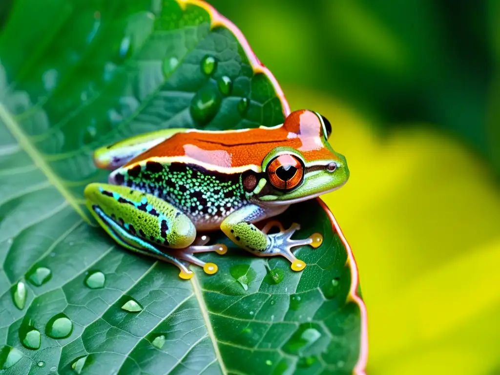 Una rana arbórea colorida descansa en una hoja verde vibrante, con su piel translúcida y patrones intrincados claramente visibles