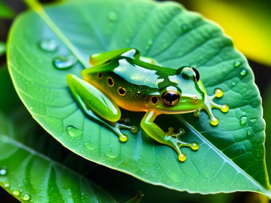 Una rana de cristal en la selva lluviosa, con su piel verde vibrante y órganos internos visibles