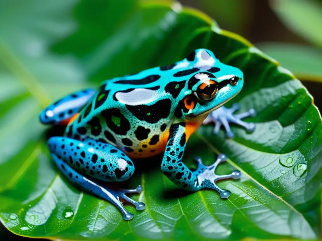 Una rana dardo venenosa en cautiverio, muestra sus intensos colores en una hoja verde exuberante, bajo la luz del sol filtrada