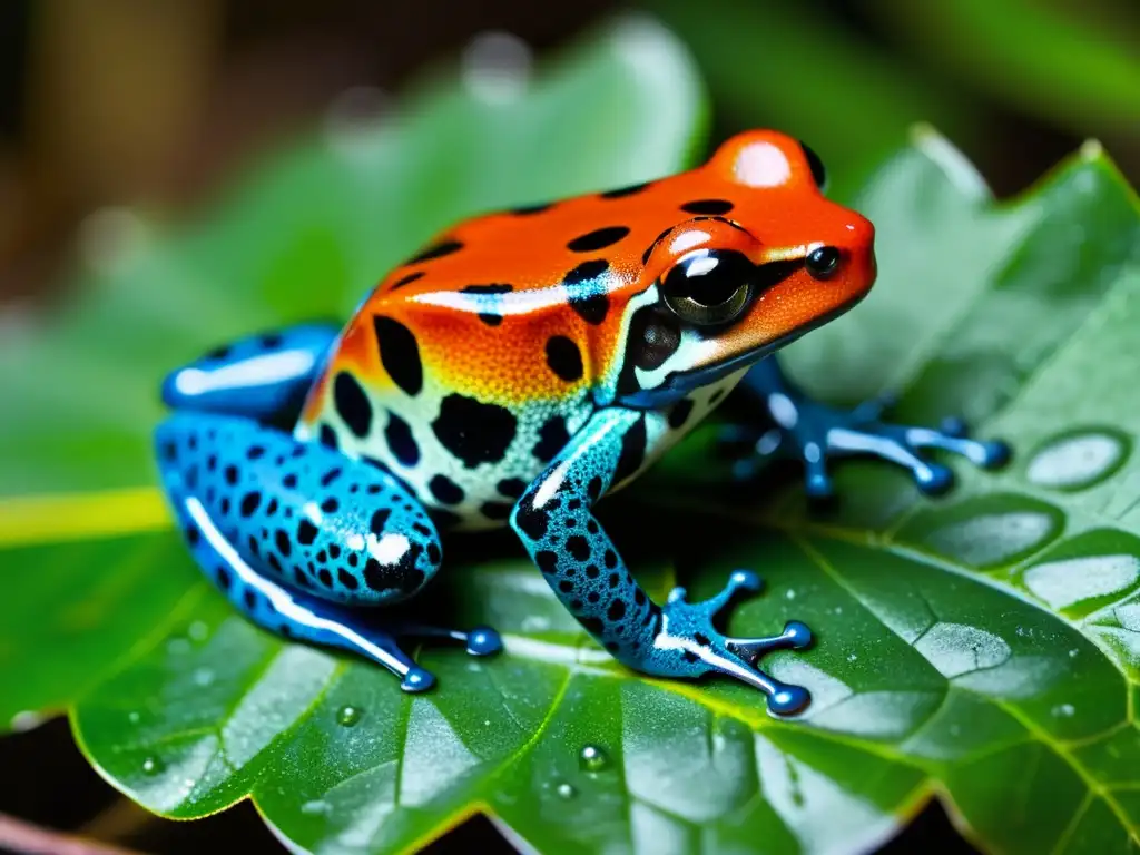 Una rana dardo venenosa de colores vibrantes descansa en una hoja, con gotas de agua en su piel, mostrando su belleza única