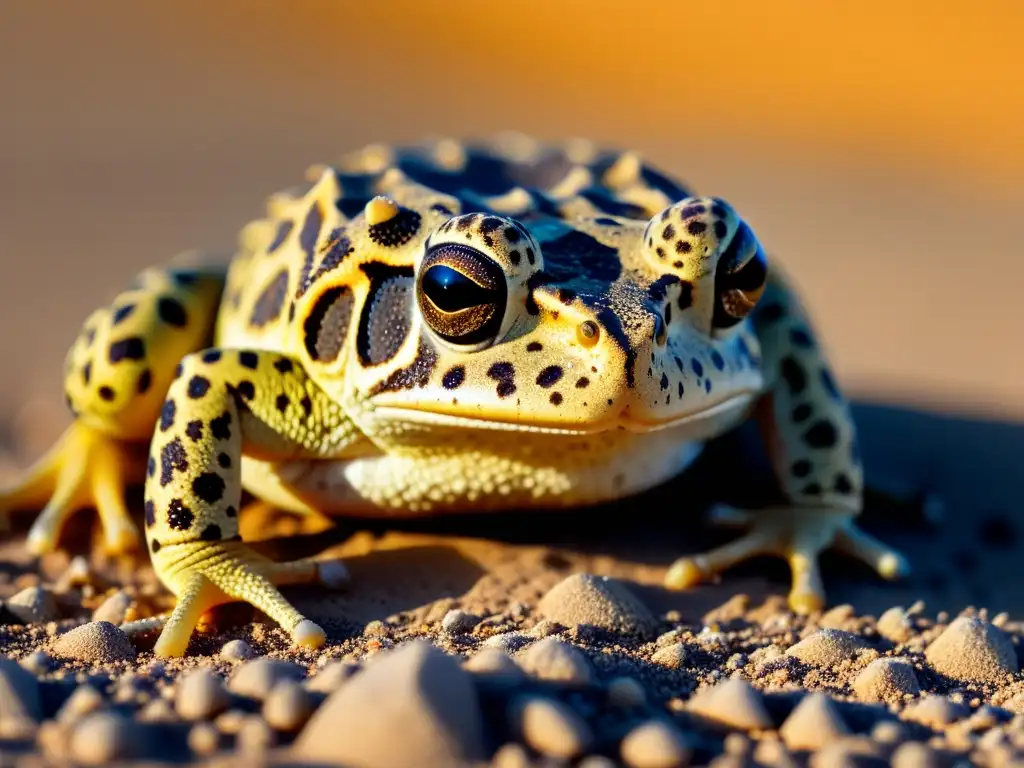 Una rana del desierto camuflada en el suelo arenoso, mostrando patrones y texturas