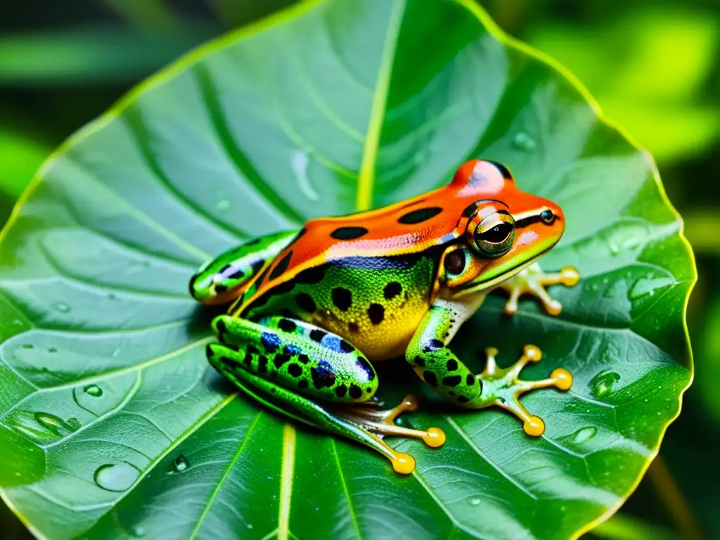 Rana exótica de colores brillantes en hoja verde en selva tropical