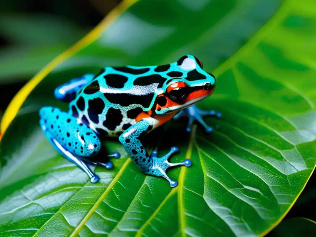 Una rana flecha venenosa de colores brillantes descansa en una hoja en la selva