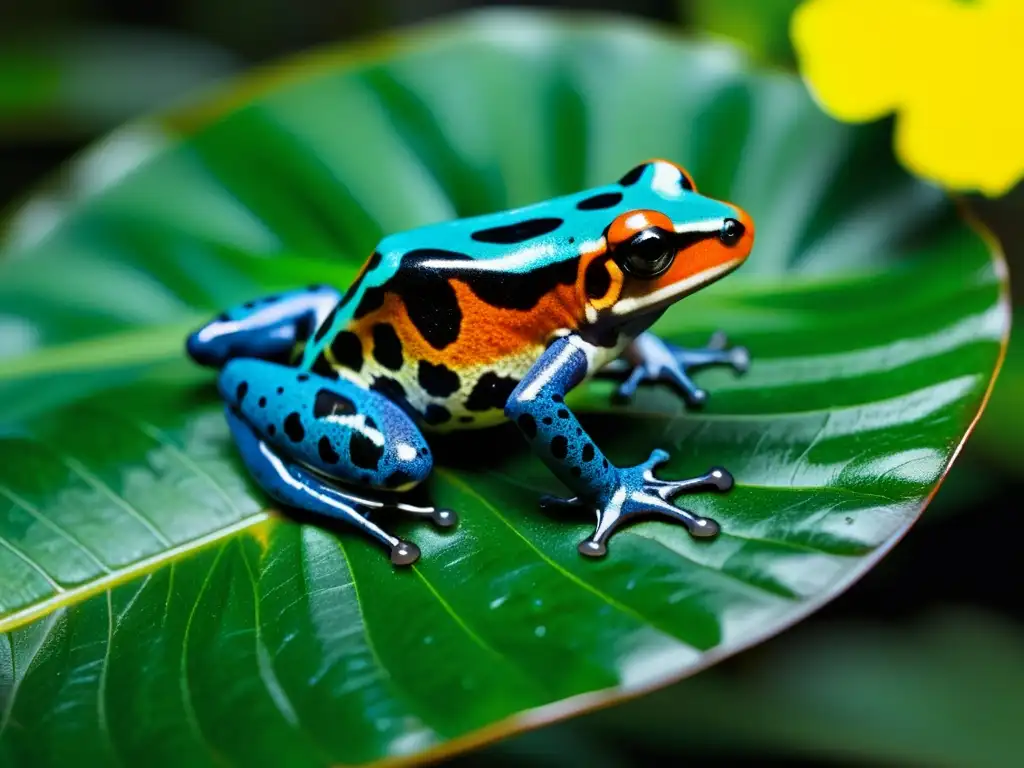 Una rana flecha venenosa de colores vibrantes descansa en una hoja en su hábitat natural en la selva