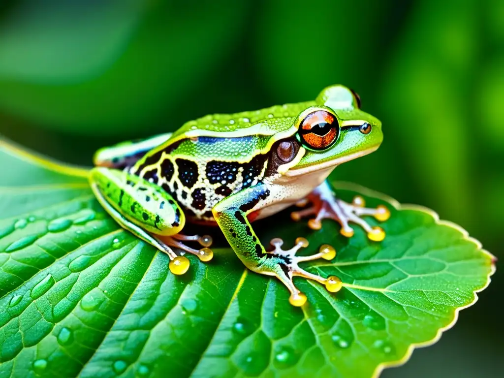 Una rana arbórea se encuentra en una hoja verde brillante, con gotas de agua en su piel