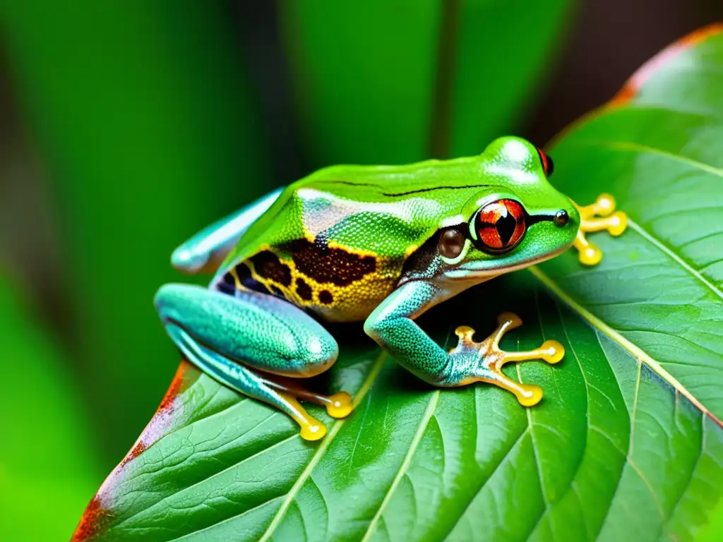 Una rana arbórea se aferra a una hoja vibrante en la selva tropical, mostrando el impacto del cambio climático en la herpetología