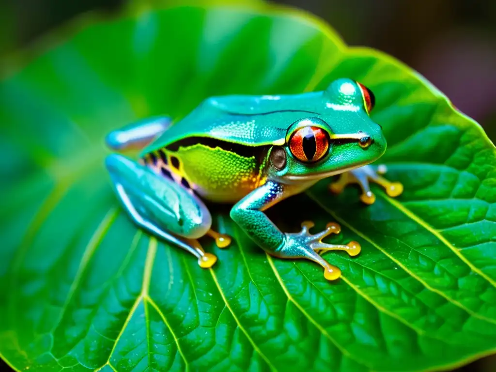 Una rana arbórea iridiscente posada en una hoja verde en la selva