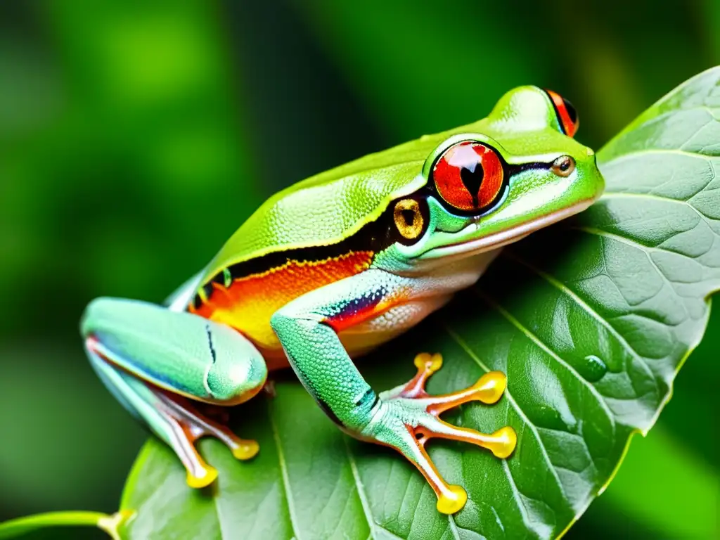 Una rana de ojos rojos en su hábitat natural en la selva tropical