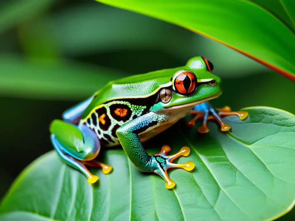 Una rana de ojos rojos descansa en una hoja de mangle verde, mostrando sus texturas y patrones