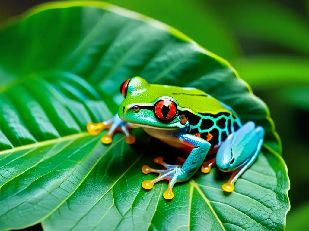 Una rana de ojos rojos en hoja verde resalta la capacidad de regeneración en anfibios en la selva tropical