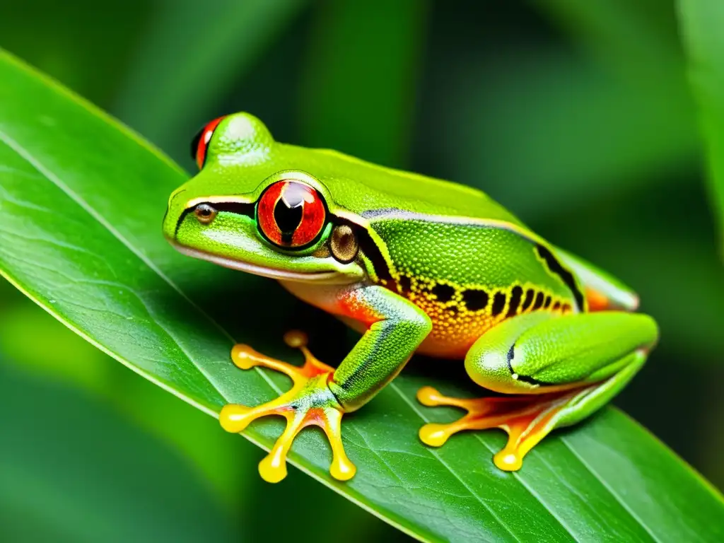 Una rana de ojos rojos se aferra a una hoja verde en la selva tropical