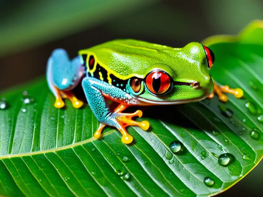 Una rana de ojos rojos se aferra a una hoja verde en la selva tropical, mostrando sus ojos rojos vibrantes y patrones coloridos