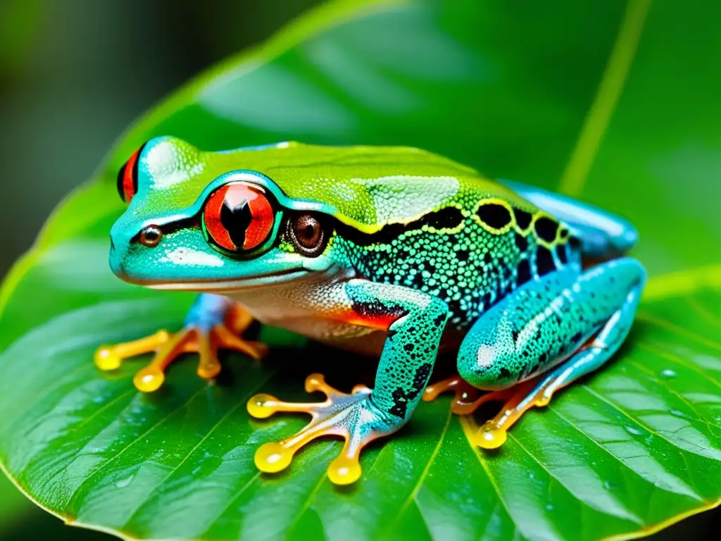 Una rana de ojos rojos se aferra a una hoja en la selva tropical