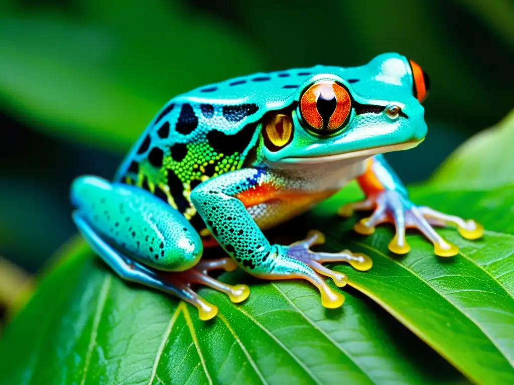 Una rana de ojos rojos en una hoja de la selva, con colores vibrantes y texturas detalladas, mostrando la adaptación de anfibios al cambio climático