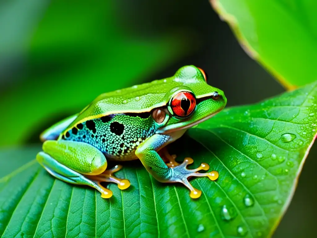 Una rana de ojos rojos en una hoja verde en la selva con gotas de rocío