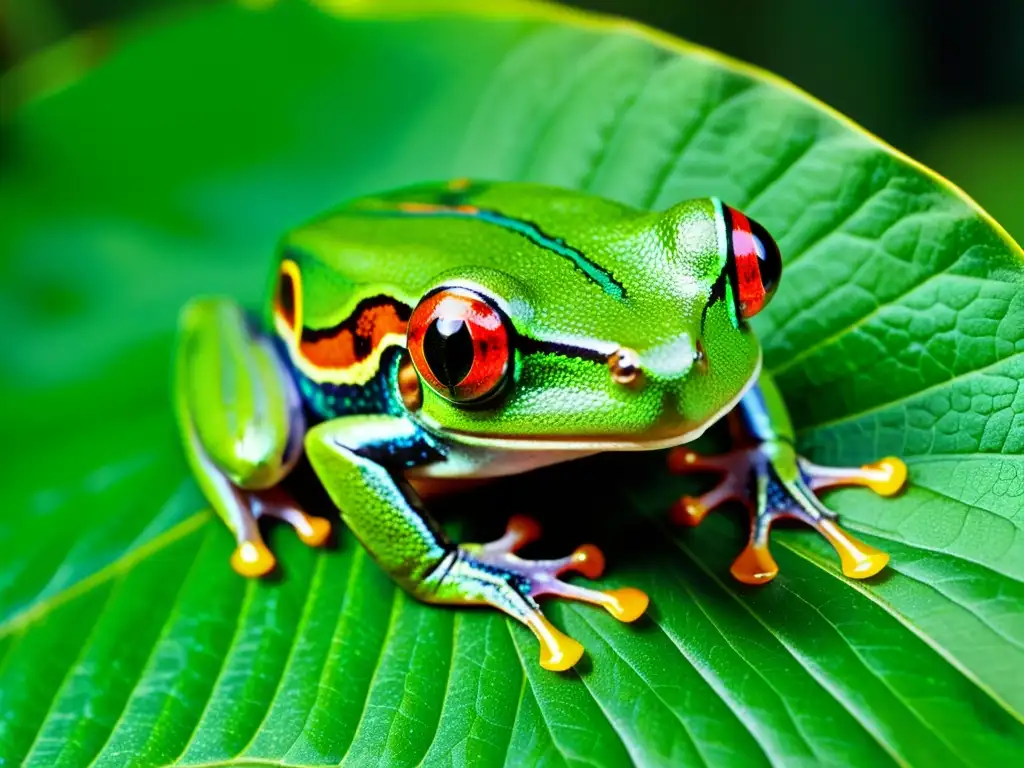 Una rana de ojos rojos en una hoja verde en un bosque tropical