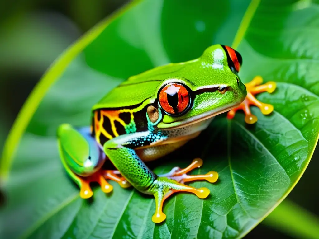 Una rana de ojos rojos se posa en una hoja verde en la selva, mostrando su piel detallada y colores vibrantes