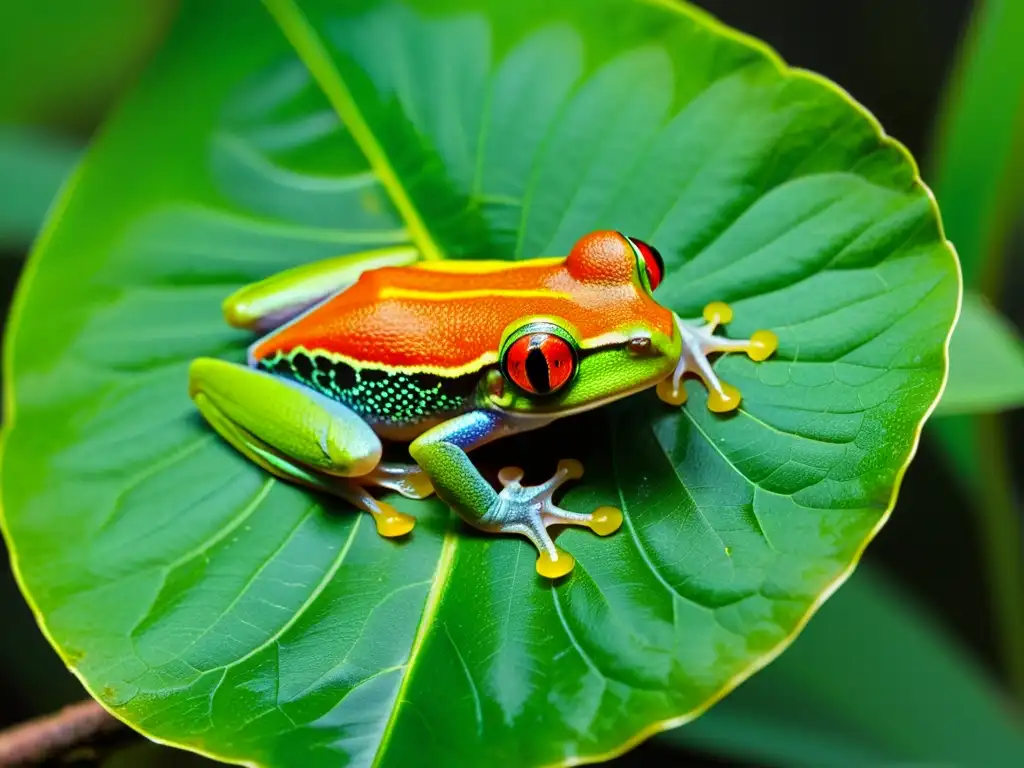 Una rana de ojos rojos depositando huevos en una hoja en la selva tropical