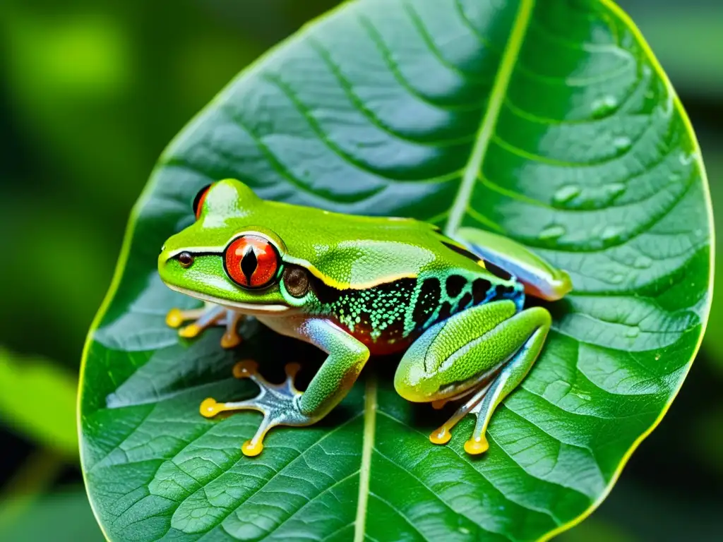 Una rana arbórea de ojos rojos en primer plano muestra la relación simbiótica entre anfibios y hongos en su entorno natural de la selva lluviosa