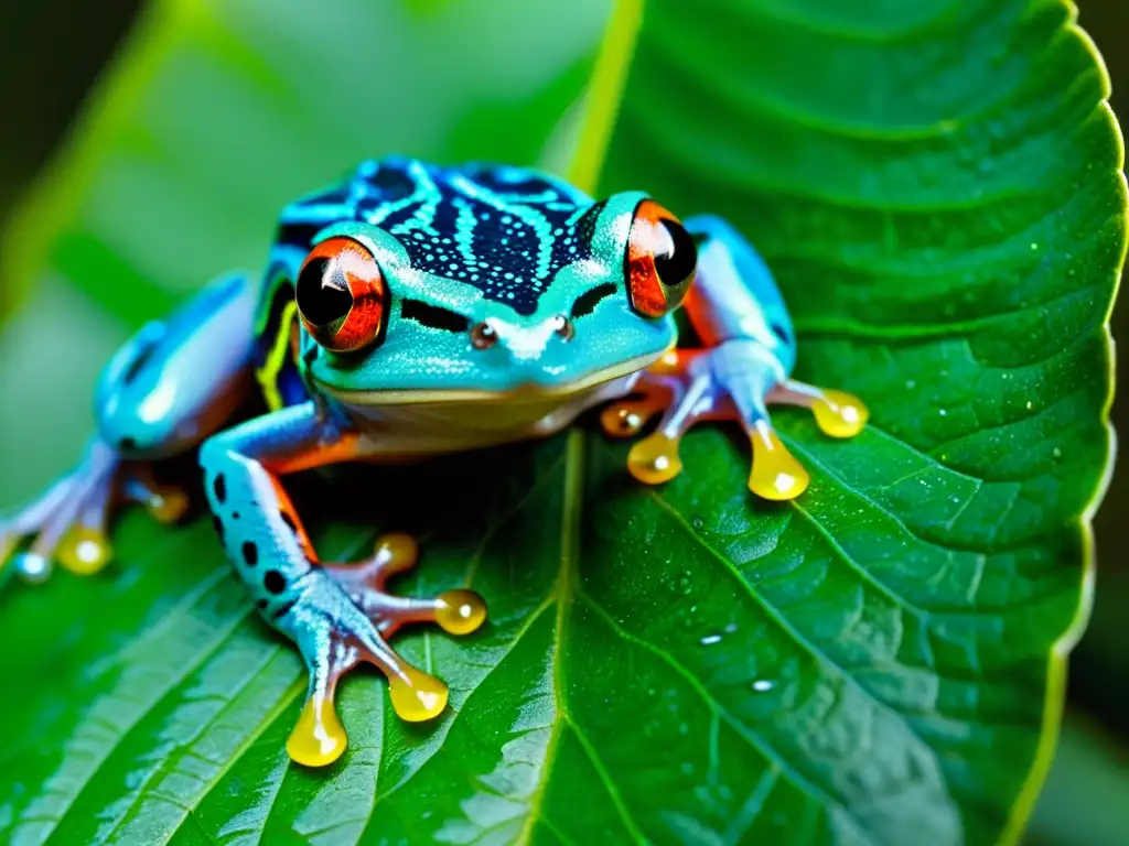 Una rana de ojos rojos en la selva tropical, destacando la importancia de los anfibios en biodiversidad