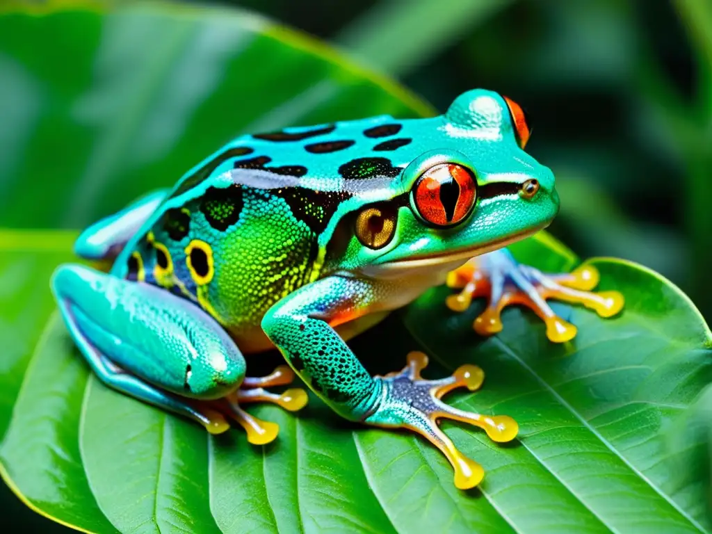 Una rana de ojos rojos vibrantes posada en una hoja en la selva tropical