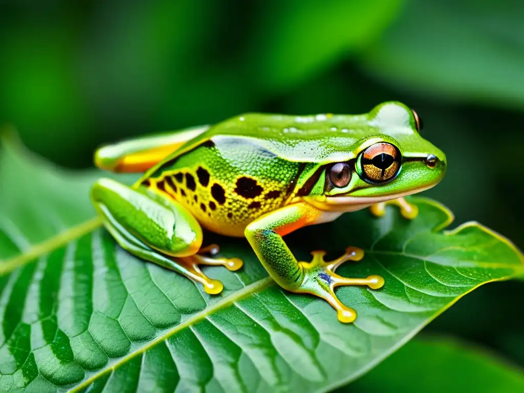 Una rana príncipe en la selva, con su piel traslúcida y ojos dorados, rodeada de hojas verdes y una atmósfera mágica de cuentos de hadas