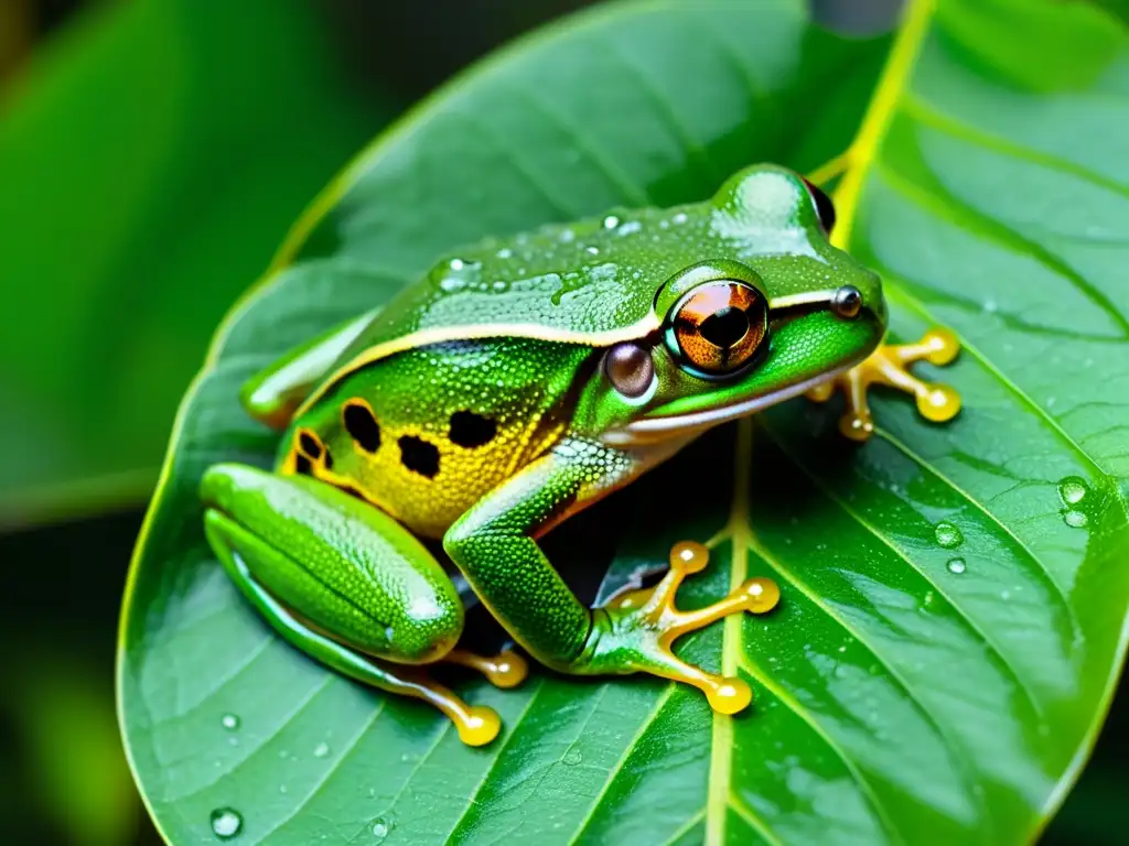 Rana arbórea en selva tropical, reflejando belleza y vulnerabilidad ante impacto del calentamiento global en anfibios