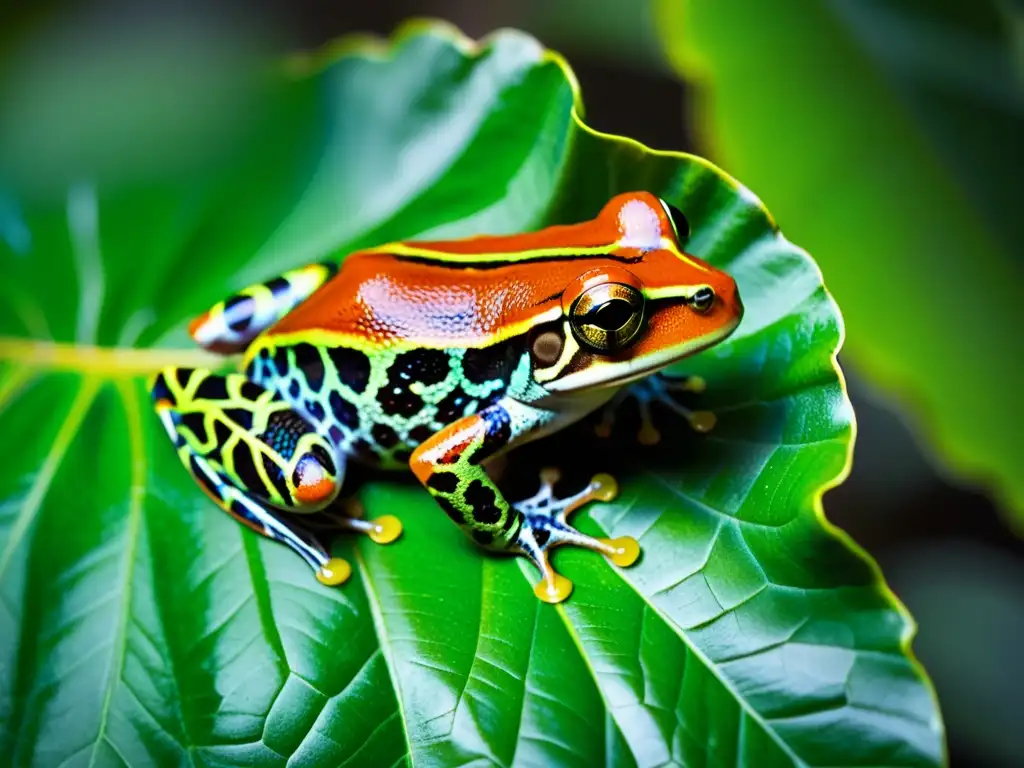 Una rana tropical detallada descansa sobre una hoja, con exuberante follaje verde de fondo, mostrando la increíble textura y color de su piel