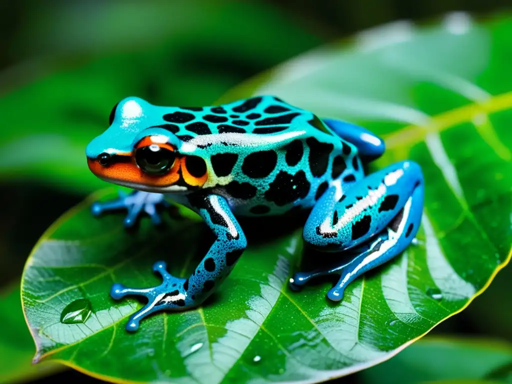 Una rana venenosa de colores brillantes se aferra a una hoja en la selva, mostrando su piel vibrante y patrones detallados