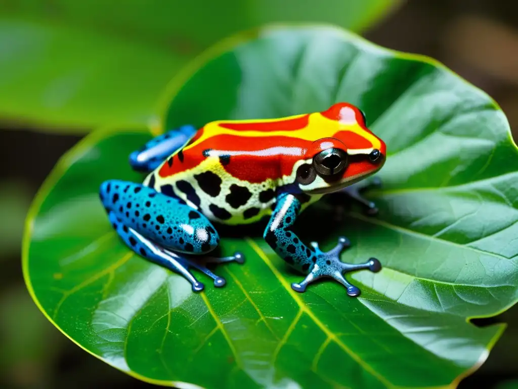 Una rana venenosa de colores excepcionales posada en una hoja verde exuberante, mostrando sus vibrantes patrones con detalle impresionante