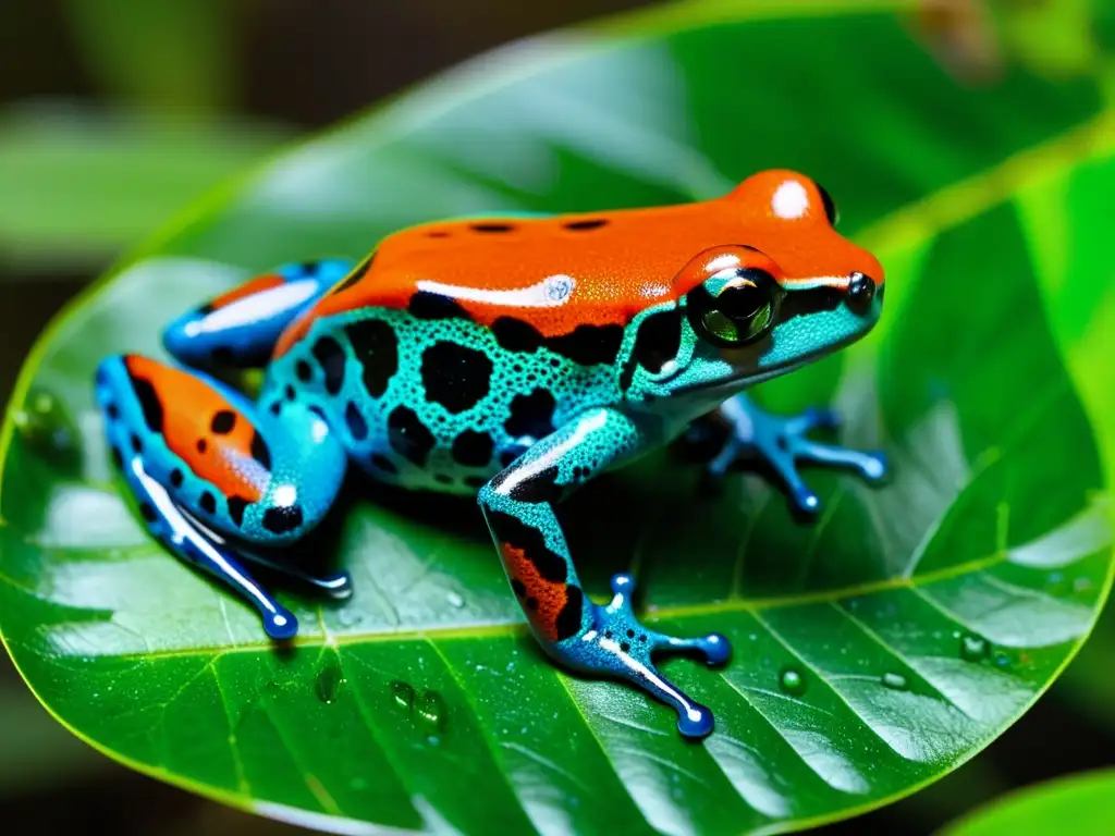 Una rana venenosa de colores vibrantes descansa en una hoja verde en su hábitat natural en la selva