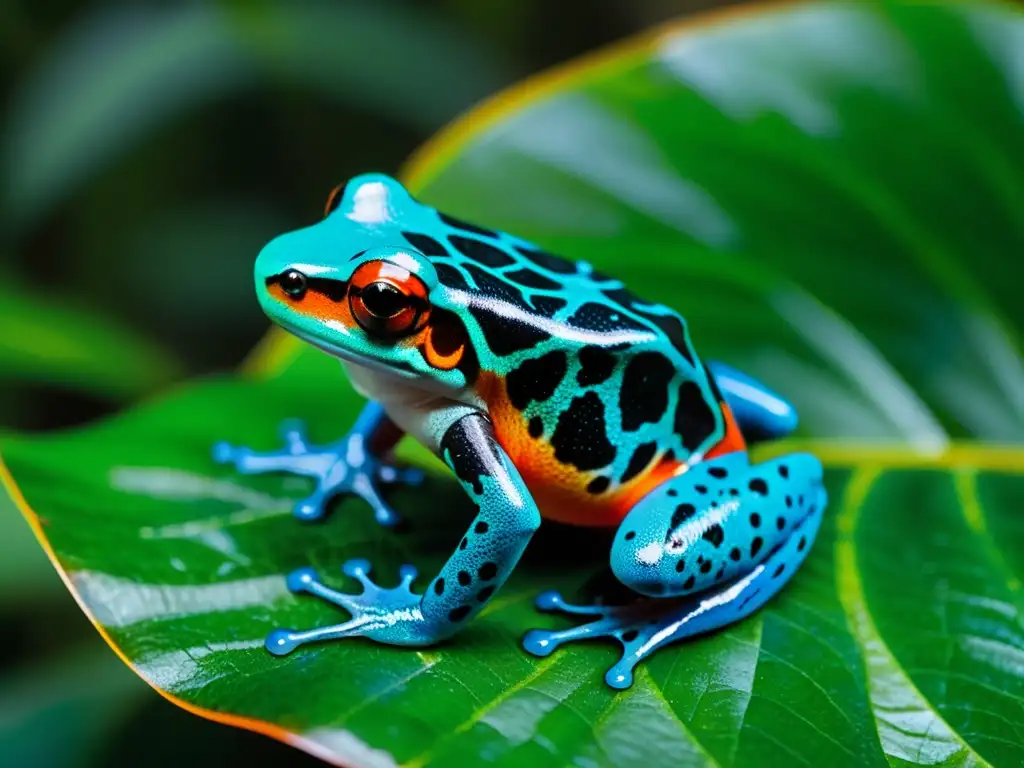 Una rana venenosa de colores vibrantes se destaca en una hoja verde en la selva amazónica