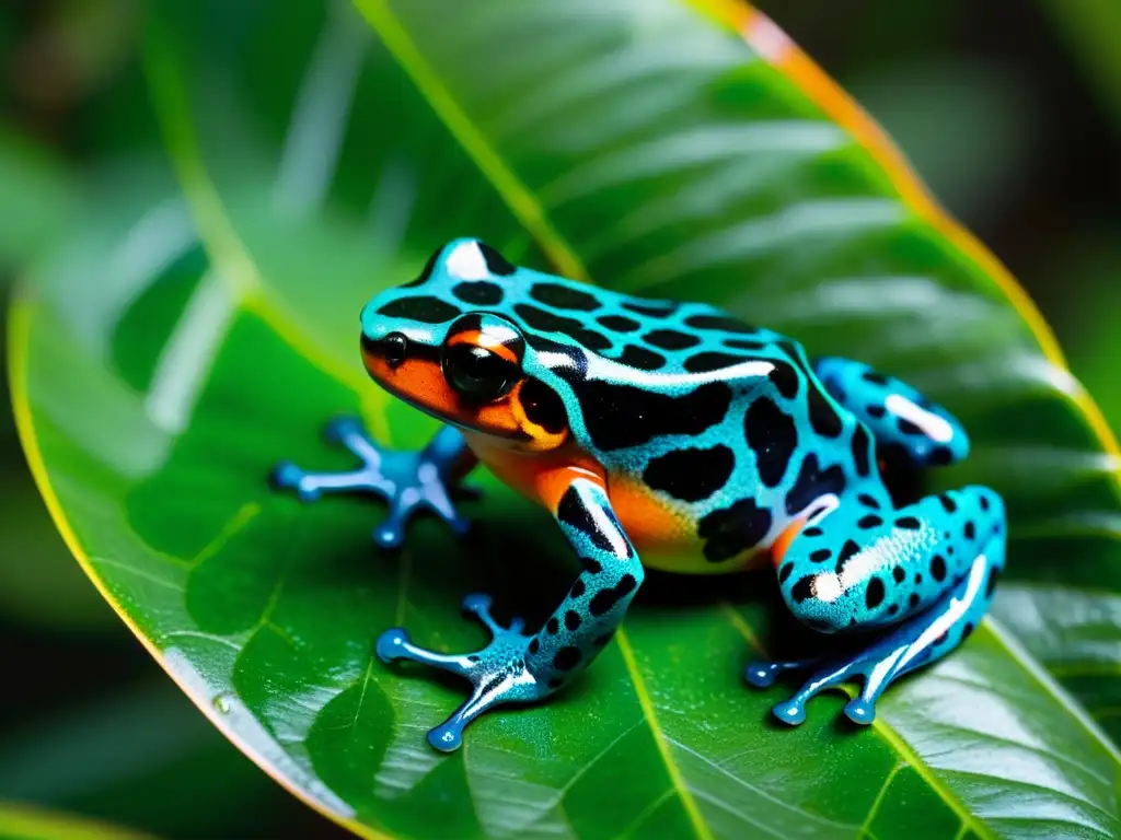 Una rana venenosa de colores vibrantes descansa en una hoja en la selva tropical, mostrando sus patrones y texturas únicas