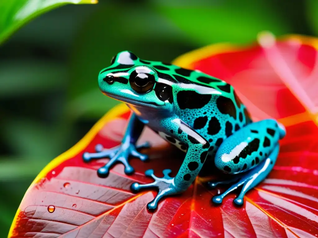 Una rana venenosa de colores vibrantes sobre una hoja en la selva tropical