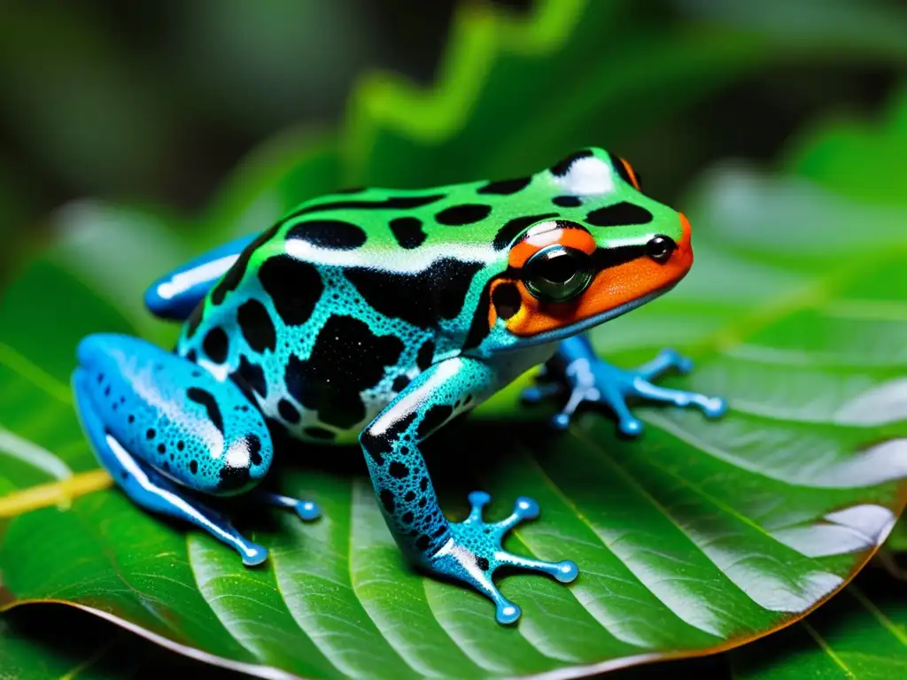 Una rana venenosa de colores vibrantes sobre una hoja en la selva, comunicando peligro con sus patrones