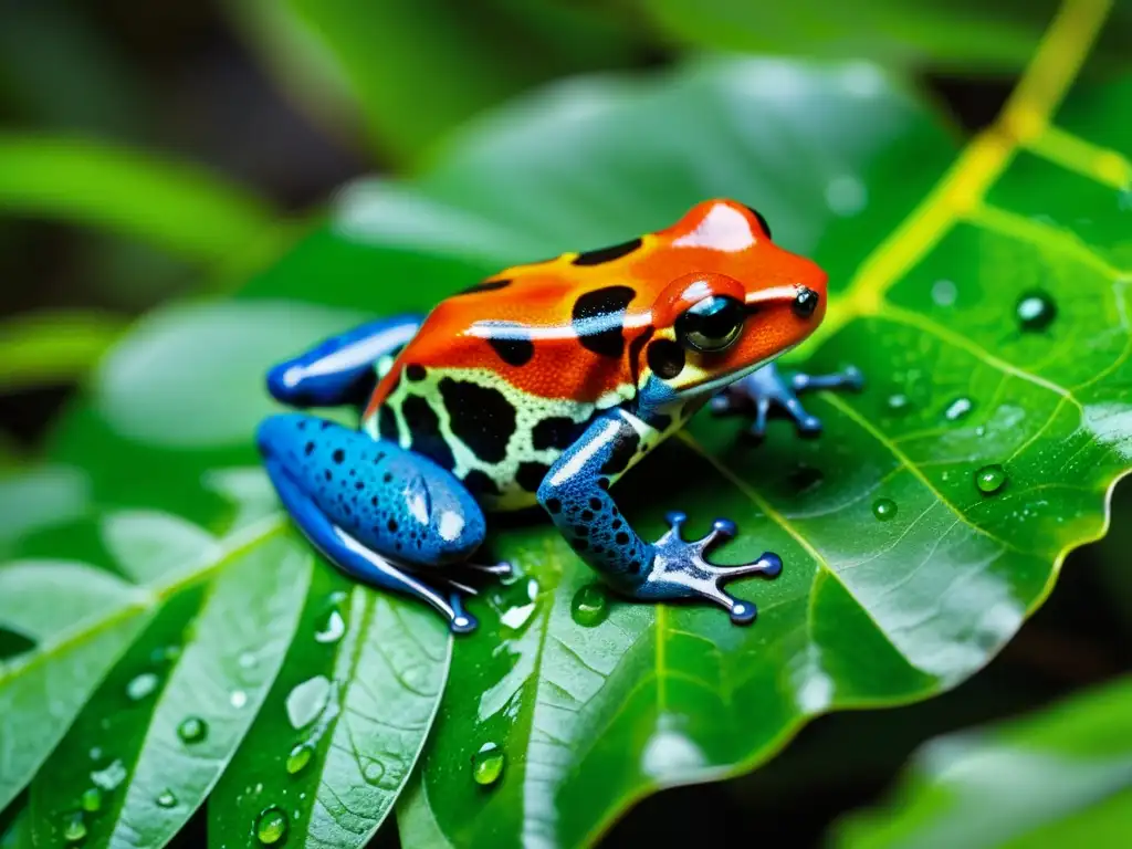 Una rana venenosa de colores vibrantes descansa en una hoja verde en la selva