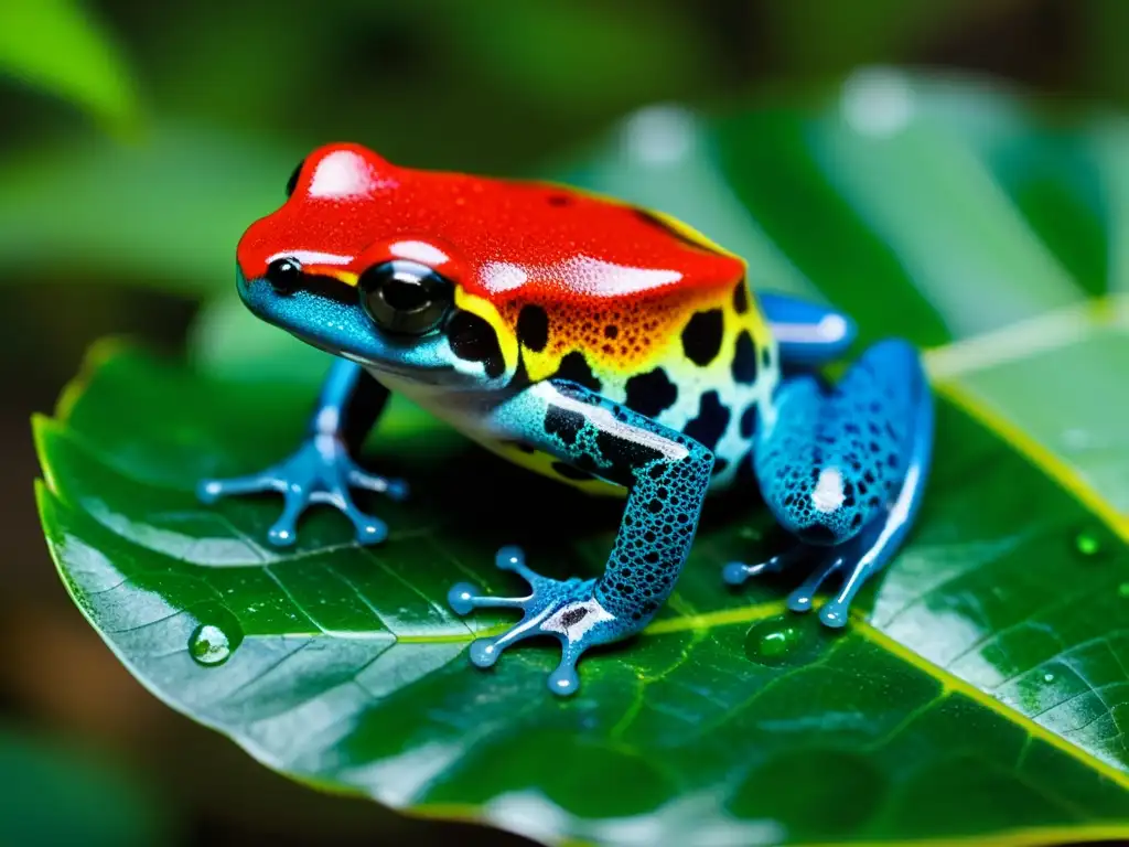 Una rana venenosa de colores vibrantes se aferra a una hoja en la selva tropical, resaltando la conservación de anfibios en crisis climática