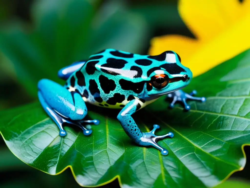 Una rana venenosa de colores vibrantes descansa sobre una hoja verde en la selva tropical, mostrando la belleza y diversidad de las especies