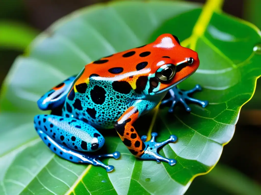 Una rana venenosa de colores vibrantes en su hábitat natural, con sus patrones de piel rojos, azules y amarillos