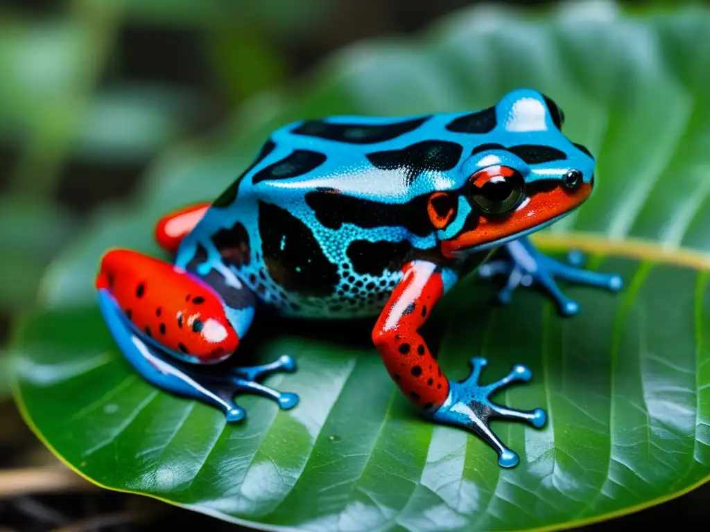 Una rana venenosa de colores vivos descansa en una hoja en la selva amazónica