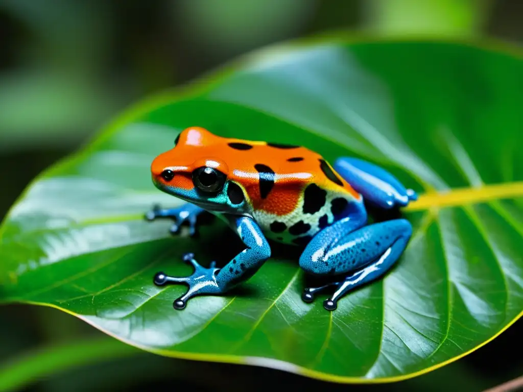 Una rana venenosa de colores vivos descansa en una hoja en la selva tropical