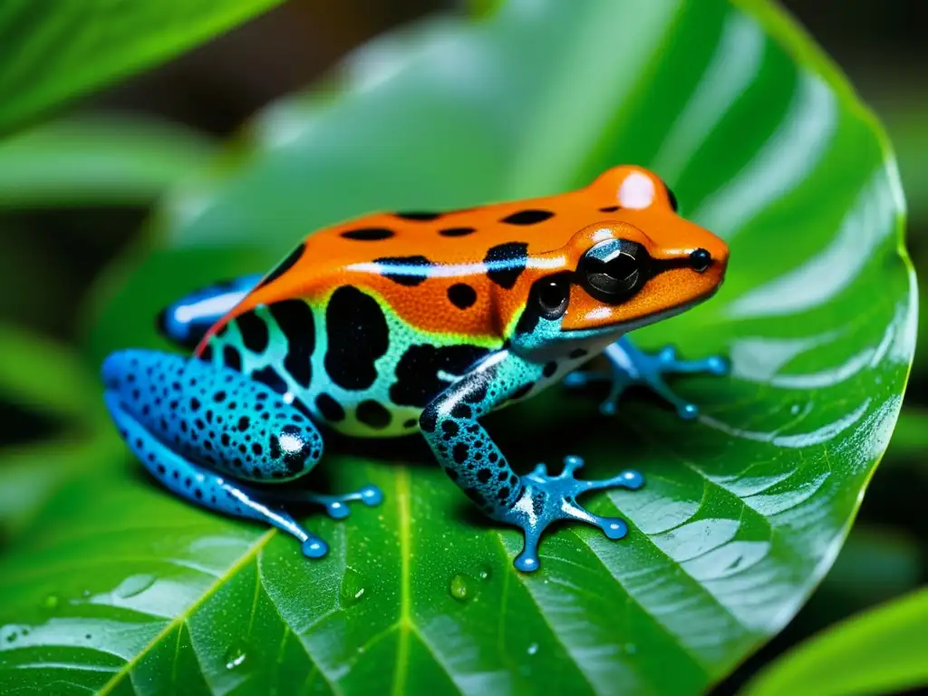 Una rana venenosa colorida en una hoja verde vibrante en la selva